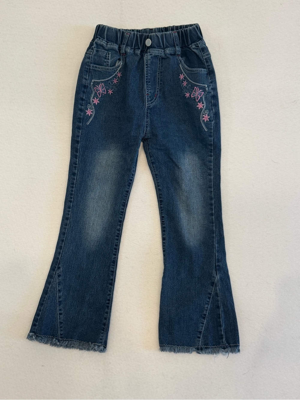 Girls' Dark Blue Embroidered Flare Jeans with Pink Detail